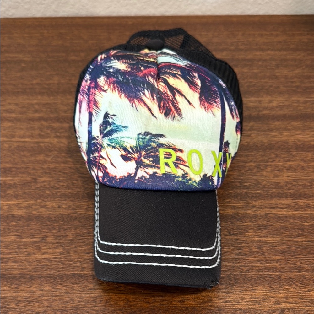 Vintage 90s Roxy Black Cap with Tropical Palm Print